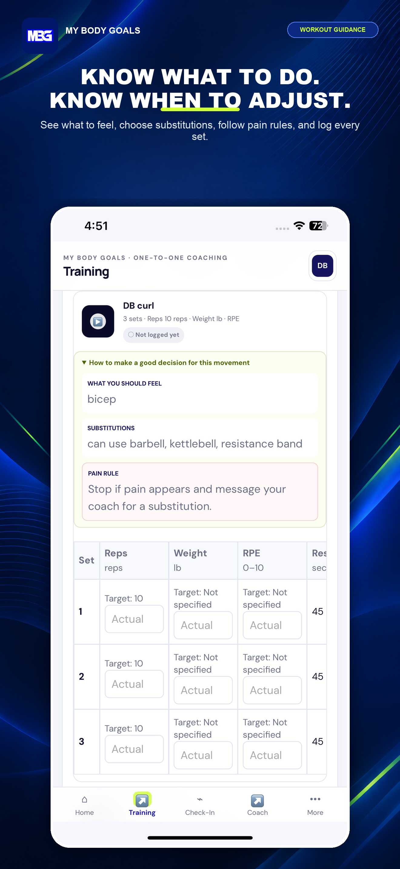My Body Goals workout guidance showing exercise instructions and plan adjustments.