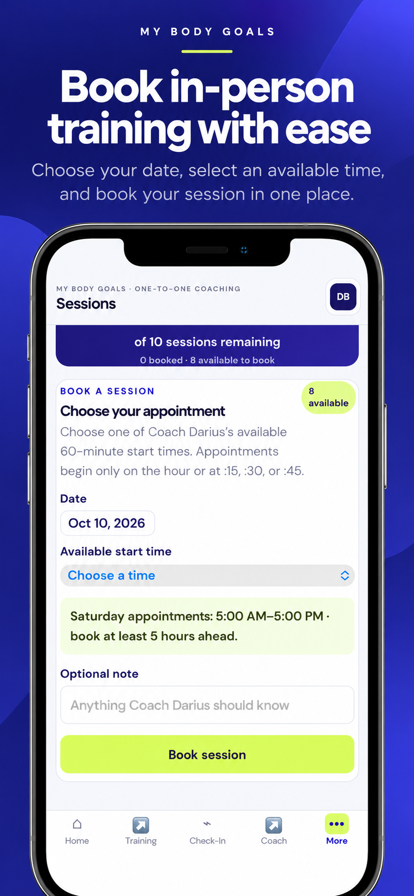My Body Goals personal coaching session booking screen showing date and time selection.